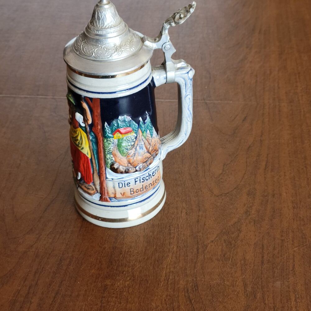 Vintage West Germany beer stein Die Fischerin v. Bodensee with pewter lid